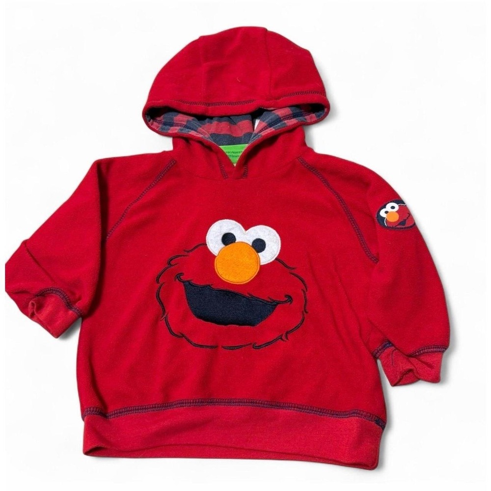 Y2K Sesame Street Elmo Toddler 2T Red Fleece Hoodie Plaid Hood Embroidered